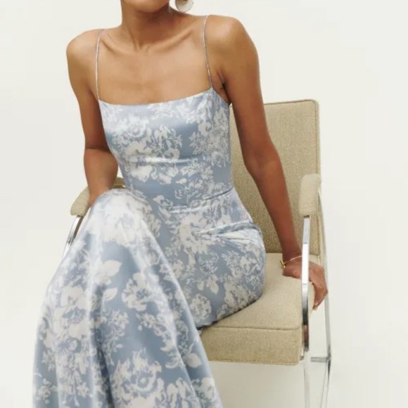 NWOT Reformation Frankie Silk Dress in Porcelain Blue White Floral Print - Picture 6 of 11